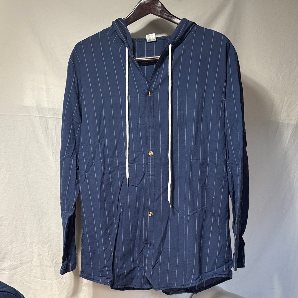 Men's Blue Striped Hooded Shirt Jacket